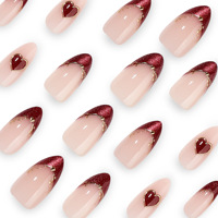 Faux ongles à presser rouge bordeaux pailleté, effet œil de chat, motif cœur français, avec contour en feuille d'or, forme amande nude, pour le Nouvel An et les mariages, ongles éclatants