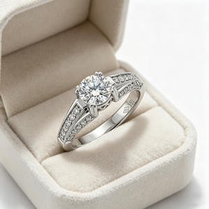 Bague de fiançailles classique en or plaqué 14K/18K avec diamant brillant de laboratoire d'un carat et pierres latérales DEF pour femme, personnalisable, certifiée IGI - Product Image 3