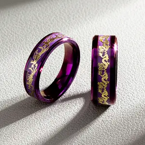 批发低价不锈钢戒指无光泽镶嵌龙凤图案紫色钛钢订婚戒指