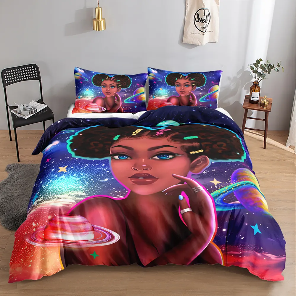 Set tempat tidur 3D grosir cover duvet poliester nama khusus anak perempuan Afrika Amerika selimut penutup