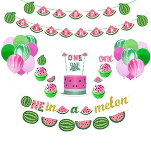 eine melone party dekorationen Suppliers-Sommer frucht Wassermelone Geburtstag Thema Party Dekoration Neugeborenen Baby Geburtstags feier Foto rahmen Banner Luftballons Dekoration Kits