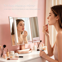 Miroir de maquillage LED pliable à trois volets avec commande tactile, compartiment de rangement frontal, angle réglable, miroir de vanité rechargeable