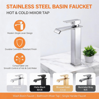 Robinet de lavabo haut monocommande en acier inoxydable chromé avec bec cascade et cartouche céramique pour salle de bain