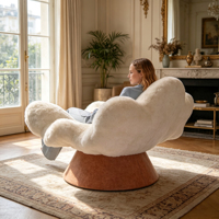 Fauteuil pivotant de luxe moderne et durable en fausse fourrure douce, motif pétales de fleurs blancs, idéal pour salon, chambre, appartement, salon de coiffure, hôtel