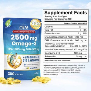 Capsules <span class=keywords><strong>de</strong></span> Gel Doux Oméga 3 Triple Concentration 2500mg <span class=keywords><strong>Huile</strong></span> <span class=keywords><strong>de</strong></span> <span class=keywords><strong>Poisson</strong></span> Marque Blanche en Gros – EPA, DHA, Vitamine D3, K2, Q10 Certifiées pour Adultes - Product Image 3