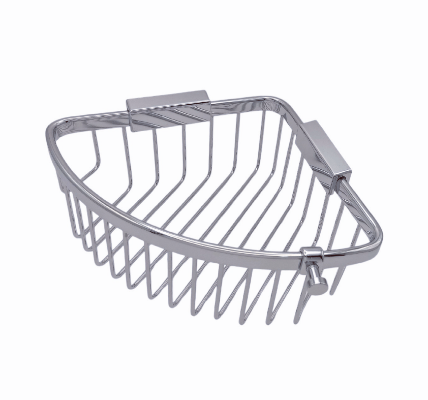 Modern Chrome Brass Wire Mesh Basket Durable Wall Mounted Bathroom Shelf for Hotel Kitchen Apartment-Corner Mounted (30518)