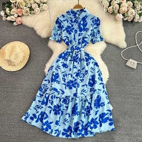 Nouveau contraste fleur impression robes décontractées rétro col rabattu manches bouffantes dames robe taille ceinture une ligne vêtements pour femmes