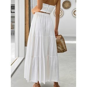 FOXA Women's Summer Boho Tiered A-Line Maxi <b>Skirt</b> <b>Elastic</b> Waist Cotton Breathable Long Beach Style - Product Image 4