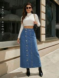 Jupe en jean taille haute multi-boutons pour femme – Style élégant et streetwear, design respirant pour l'été - Product Image 1