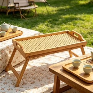 Foldable Rattan Tray <b>Bamboo</b> Natural Wood Minimalist Modern Style Bed <b>Table</b> Serving Tray For Residential Use - Product Image 4