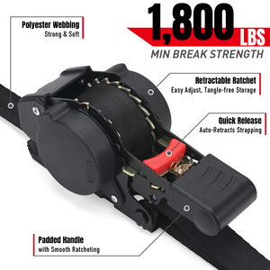 Sangles d'arrimage à cliquet rétractables de 1 pouce <span class=keywords><strong>x</strong></span> 10 pieds avec amortissement pour camions/quad/<span class=keywords><strong>moto</strong></span>/charge/usage domestique - Product Image 3