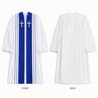 Weiße Chorrobe für Erwachsene, Langes Unisex-Zeremonienkleid mit Königsblauen Einsätzen, Weißer Lateinischer Kreuz-Stickerei und V-Ausschnitt