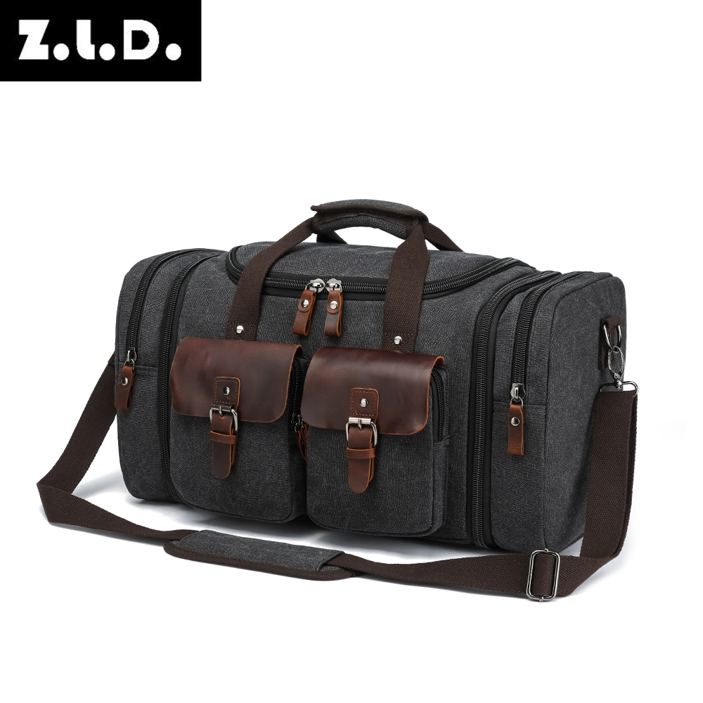 ZUOLUNDUO Genuine Leather Large Travel Bag Canvas Duffle Bag & Carry on Bag for Men With Expandable Design and Luggage Sleeve