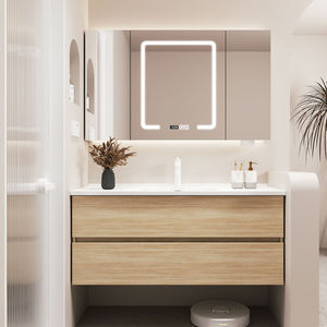 Meuble de salle de bain noir simple avec miroir intelligent, armoire suspendue et lavabo blanc - Product Image 5