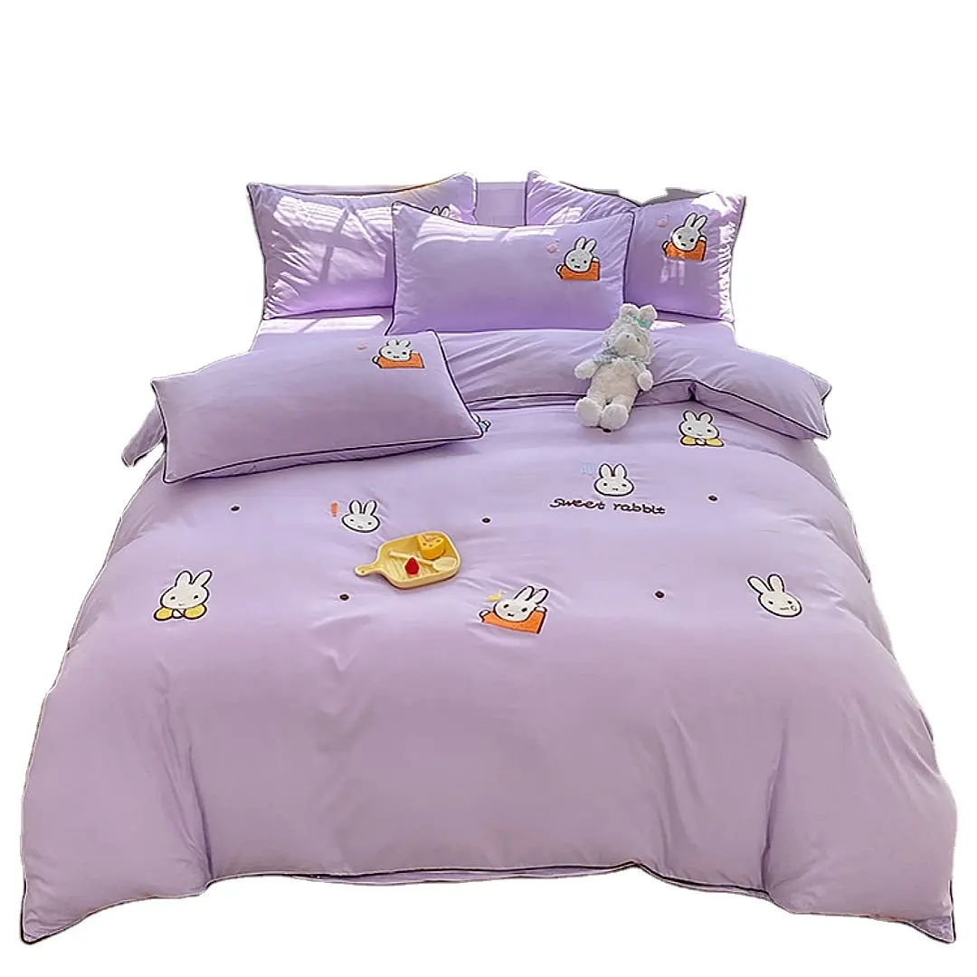 RTS pamuk nevresim takımı s sevimli tavşan havlu işlemeli koyu renk yatak yorgan ile yatak çarşaf kılıfı yastık nevresim takımı
