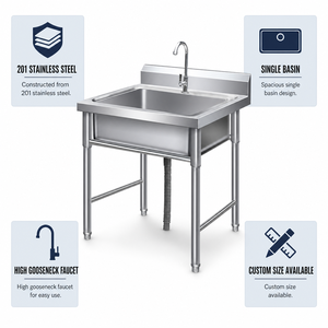 Fregadero Comercial de Acero Inoxidable de un Solo Tazón 201 SS, Lavabo de Pie para Restaurante, Hotel, Cocina y Catering - Product Image 3