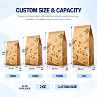 Sachet personnalisé en papier kraft sans fenêtre pour céréales et chips, scellé sur huit côtés avec valve, pour la vente au détail et en gros