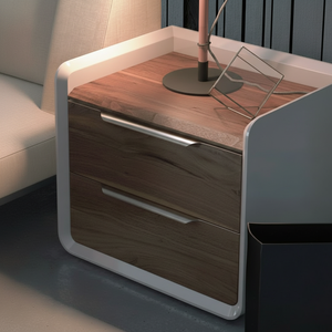 Mesita de noche elegante y moderna con ricos cajones de madera y marco blanco. Disponible a precios mayoristas. - Product Image 1