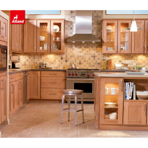 Allandcabinet Armoire de cuisine américaine sans cadre personnalisée Placards encastrés en <span class=keywords><strong>bois</strong></span> massif d'érable <span class=keywords><strong>miel</strong></span> avec porte en verre - Product Image 1