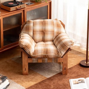 Sillón de madera de estilo nórdico con tapicería a cuadros color champán, silla reclinable para sala de estar, uso para adultos y personas mayores - Product Image 3