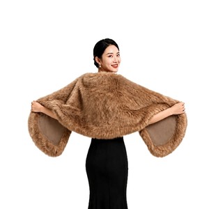 Châle en fausse fourrure noir pour femme, longueur moyenne, chaud pour l'hiver, couleur unie, style renard, élégant, couverture de mariée - Product Image 2