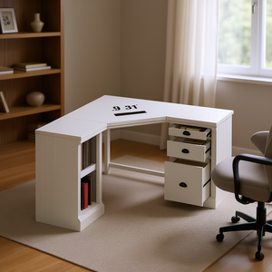 Scrivania moderna bianca a forma di L da 57,68 pollici con 2 armadietti e 3 cassetti per postazione di lavoro al computer in ufficio domestico - Product Image 2