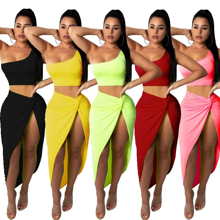 Plus Size Um Ombro Top Colheita Irregular Draped Saias 2 Peça Vestidos Set Mulheres Beachwear Sexy Vestidos