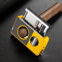 Coupe-cigares multifonctionnel 5 en 1 portable classique jaune en acier inoxydable avec coupe en V, coupe droite, poinçon à cigares et support