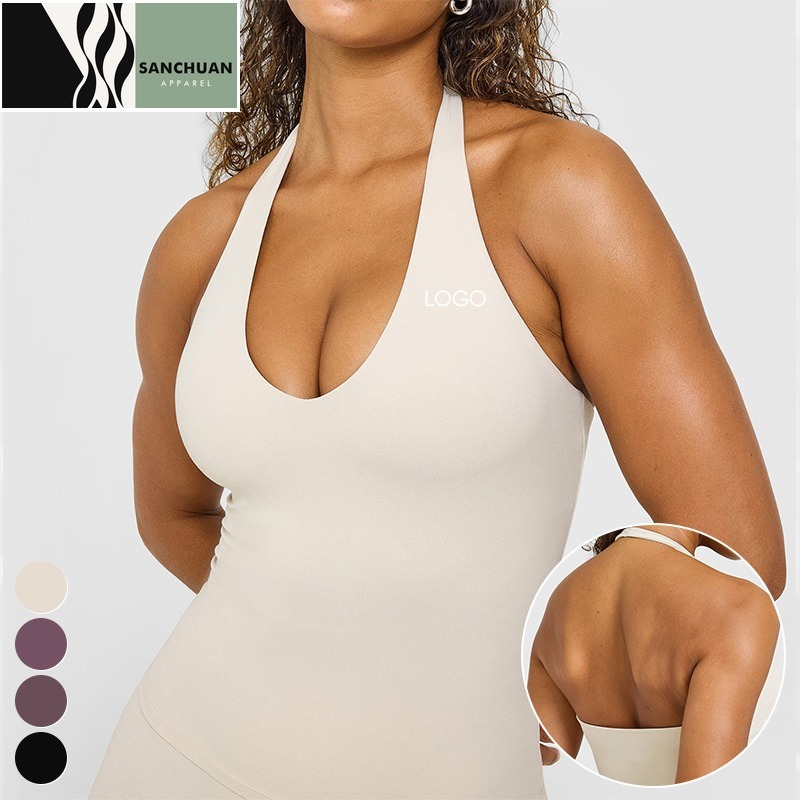 Women's Deep V Neck Breathable Four-Way Stretch Sleeveless Workout Tops Backless Gym Sports Vest Halter Neck Yoga Top