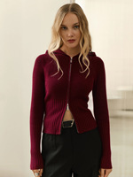Pull personnalisé Pull en tricot pour femmes Pull cardigan à capuche avec fermeture éclair en tricot côtelé décontracté de couleur unie