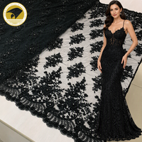 Tissu en dentelle tissée noire le plus vendu avec broderie de strass lourds faits à la main pour robes de mariée et fêtes de filles