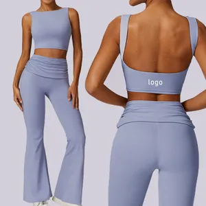 New Arrivals Gym Fitness Sets Solid Compression Backless Yoga Vest Sports Bra Scrunched Waist Bell Bottom Yoga Flare Pants Sets