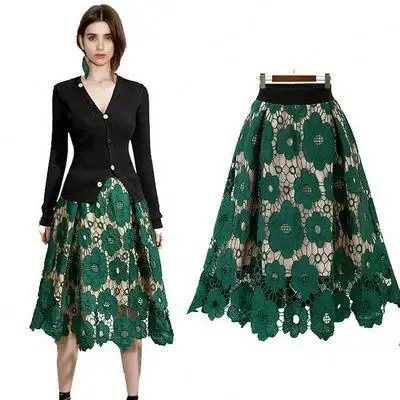 Women Elegant Lace Hollow Out Skirt Lining Latest Fashion A-line Lady Girls Spring Summer Flower Lace Casual Midi Skirt