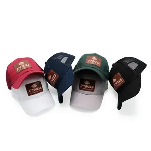 High Quality 6 Panel Mesh Baseball Cap Trucker Hats Custom With Leather Patch Logo