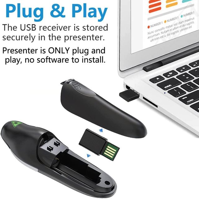 Wireless Presenter 2.4GHz with USB Receiver 15m Range Red Laser AAA Battery Page Turning Function for Windows/Mac/Linux