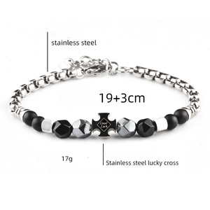 Bracelet en acier inoxydable à la mode et personnalisé avec un pendentif croix porte-bonheur et des perles d'agate noire pour accessoires de bijoux pour hommes - Product Image 5