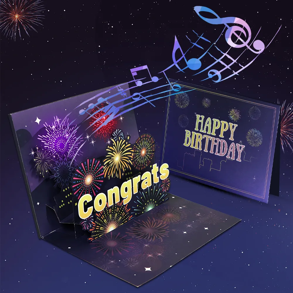 Biglietto di auguri fatto a mano pieghevole di fabbrica fuochi d'artificio artigianali Laser musica leggera 3d Pop-up Cards