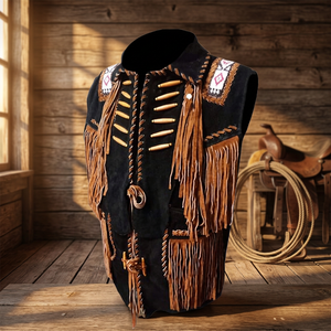 Gilet élégant en cuir suédé perlé, désossé et frangé Cowboy pour hommes - Product Image 2