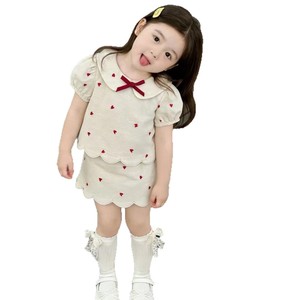 Girls Embroidered Heart Two Piece Set Cotton Dress With Peter Pan Collar Summer Outfit For Kids - Product Image 5