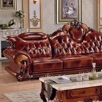 Sofa Kayu Solid Ruang Tamu Gaya Antik Kualitas Tinggi Sofa Eropa Kulit Desain Mewah