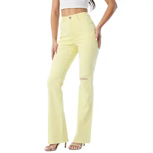 กางเกงยีนส์ทรงบานเอวสูงสีเหลืองสำหรับผู้หญิงกางเกงลำลองขาด