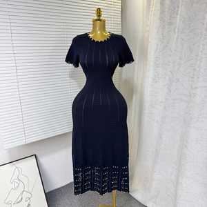 Robe en tricot élégante à col rond, à manches courtes, à perles, à découpes, cintrée et amincissante pour femmes, Maxfree - Product Image 4