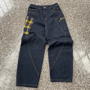 Jeans de Hombre Estilo Vintage, 100% Algodón, Lavado Azul, Corte Holgado, Diseño con Contraste de Color, Bordado a Cuadros, Bolsillos Grandes, Estilo Europeo - Product Image 1