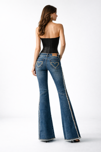 SHENGFU – Jean évasé taille haute pour femme, coupe large, style vintage, extensible, streetwear, mode, personnalisable OEM - Product Image 2