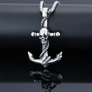 Bijoux Vintage <span class=keywords><strong>Viking</strong></span> en Acier Inoxydable, Pendentif Crâne Ancre Punk en Titane, Collier Crâne de Pirate Marin pour Hommes et Femmes - Product Image 2