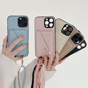 Casing ponsel dompet tempat kartu untuk Iphone 15 13 14 12 11 PRO MAX pelindung kulit imitasi dengan tali lanyard pabrik grosir