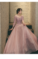 Robe de soirée scintillante rose poudré, coupe trapèze, col en V, manches longues, en tulle pailleté, robe de bal de luxe, Vestido De Gala Elegante