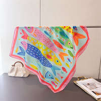 Écharpes et foulards en soie polyester style dessin animé pour femmes, 70*70CM, petit foulard carré, motif poisson mignon, châles effet soie