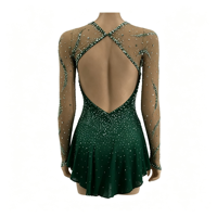Robe de patinage artistique vert foncé à col en V et dos croisé, manches longues, ornée de strass et de mailles, pour compétition et spectacle (adultes et enfants)