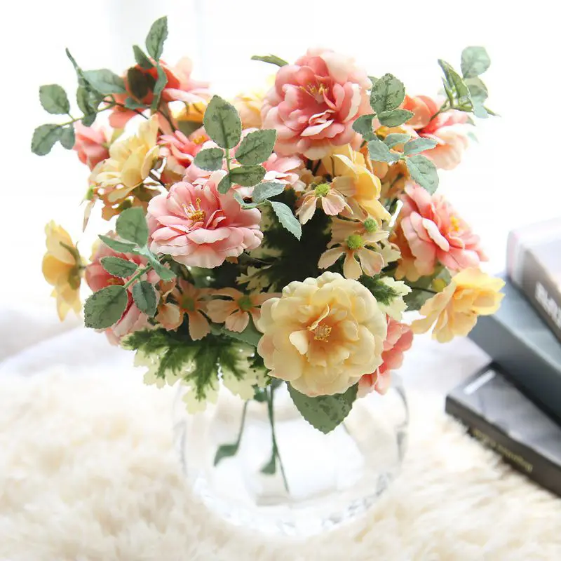 Flores artificiais de buquê de rosas de chá, com hastes para decoração de casamento, loja de festa em casa